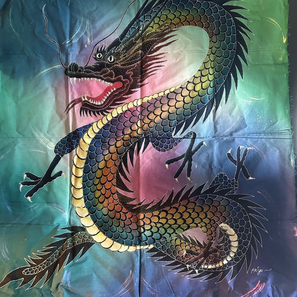 Dragon multicolor Rainbow indonesian Batik Panel Priyo 28" X 34.5” - Picture 2 of 14
